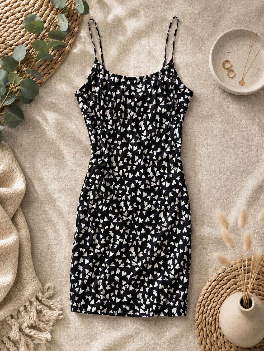 Abercrombie & Fitch Women's Heart Print Mini Slip Dress Black White Coquette MP